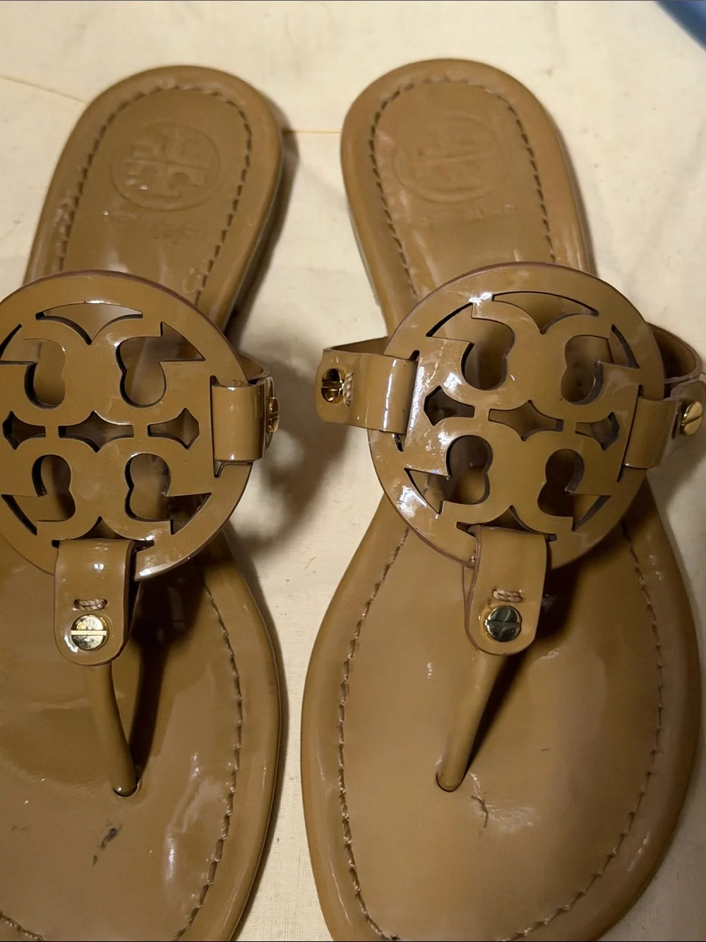 Tory Burch Sand Patent Leather Miller Thong Sandals